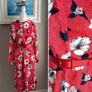 Vintage 80s Blair Red Hibiscus Belted Longsleeve Wrap Midi Dress